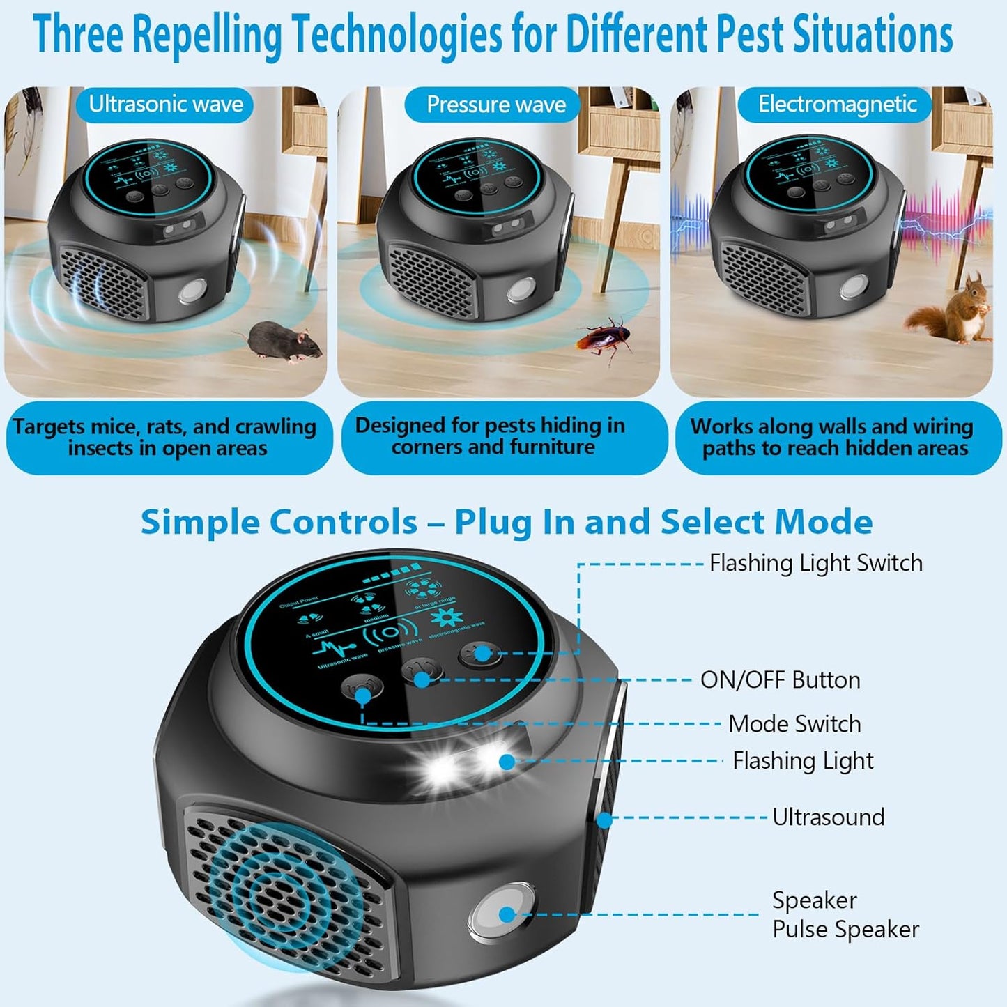 Ultrasonic Pest Repeller Plug-In Indoor Mouse Rodent Insect Control 3 Modes Safe